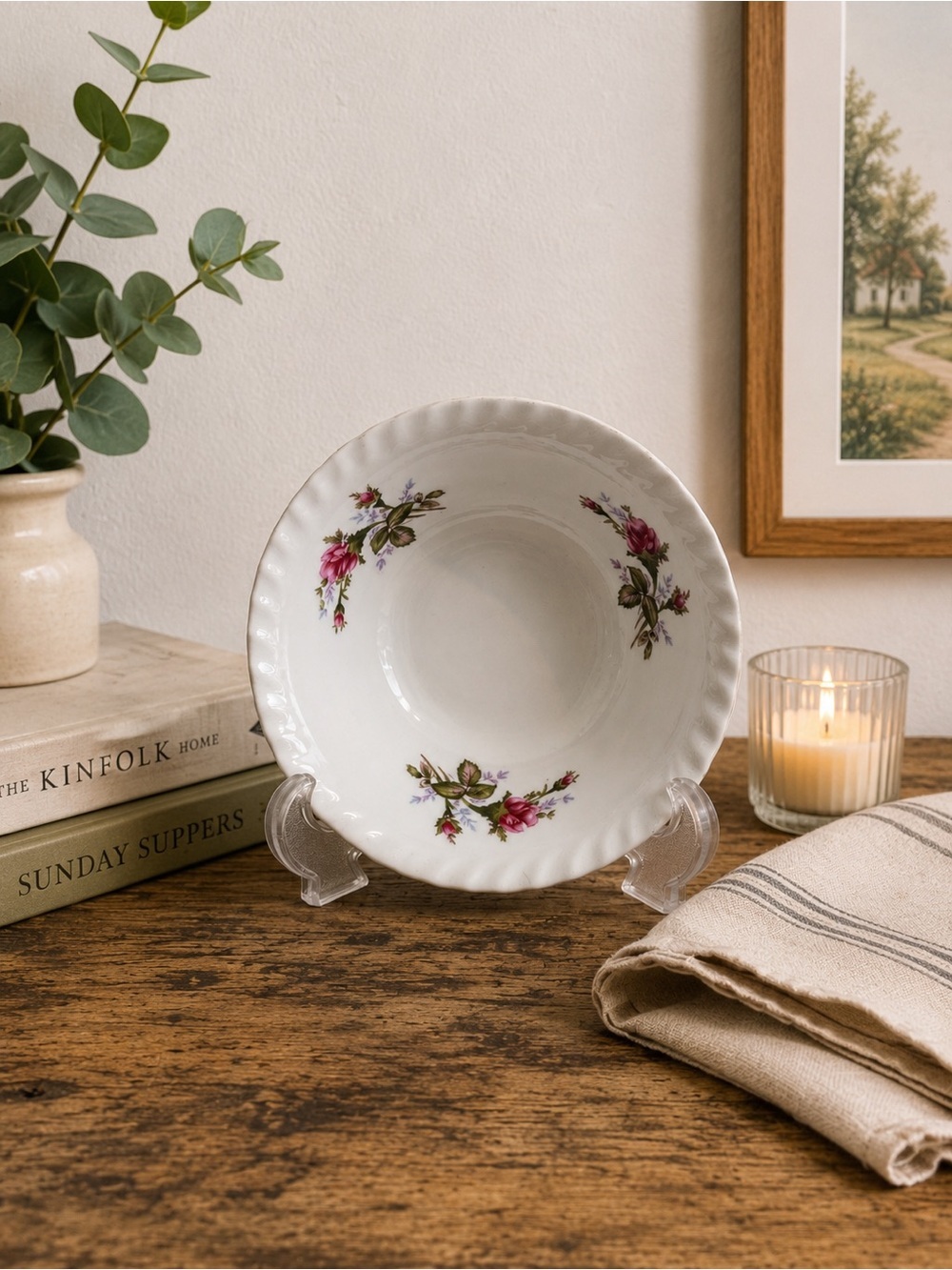 Vintage Floral Porcelain Soup Bowl - White with Pink Rose Accents
